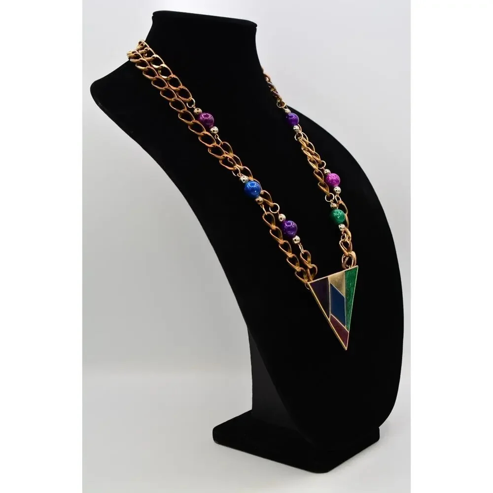 Vintage Multicolor Enamel Geometric Triangle Statement Necklace Gold Beaded BinY